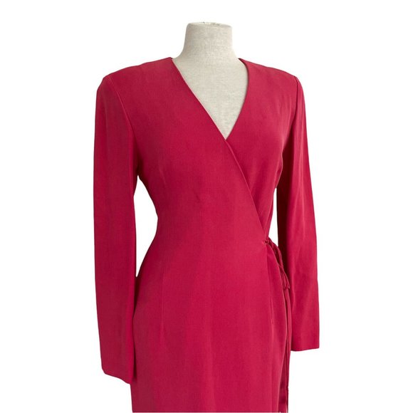 Dana Buchman Coral Pink Silk Wrap Dress Women's Sz 8 Long Sleeve Gold Beaded Tie - Picture 5 of 10